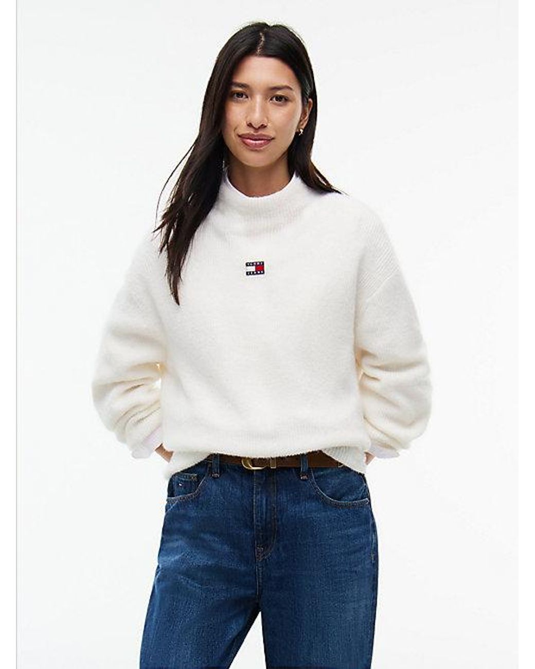 Tommy Hilfiger White Tommy Jeans Tommy Badge Mock Neck Jumper With Alpaca
