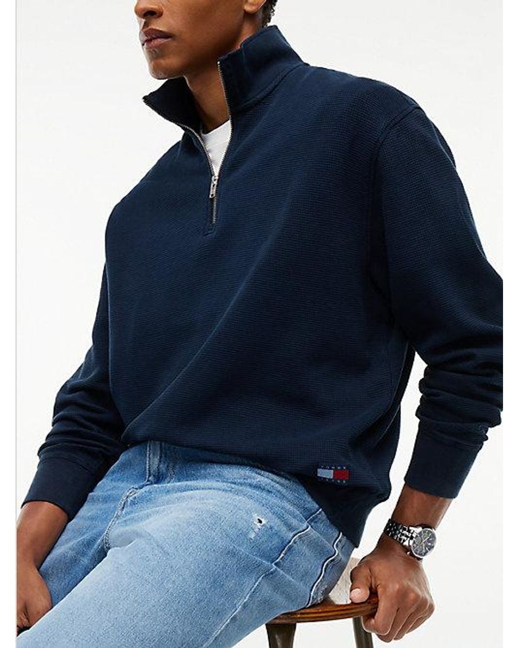 Tommy Hilfiger Blue Tommy Jeans Waffle Knit Relaxed Quarter Zip Sweatshirt for men