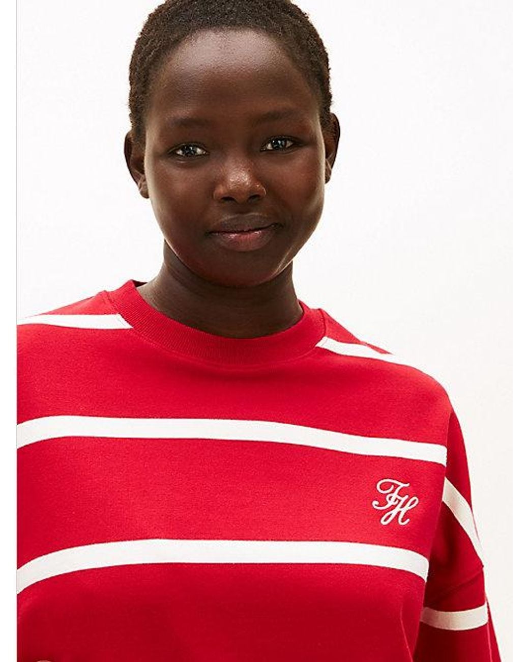Tommy Hilfiger Red Curve Logo Embroidery Terry Crew Neck Sweatshirt