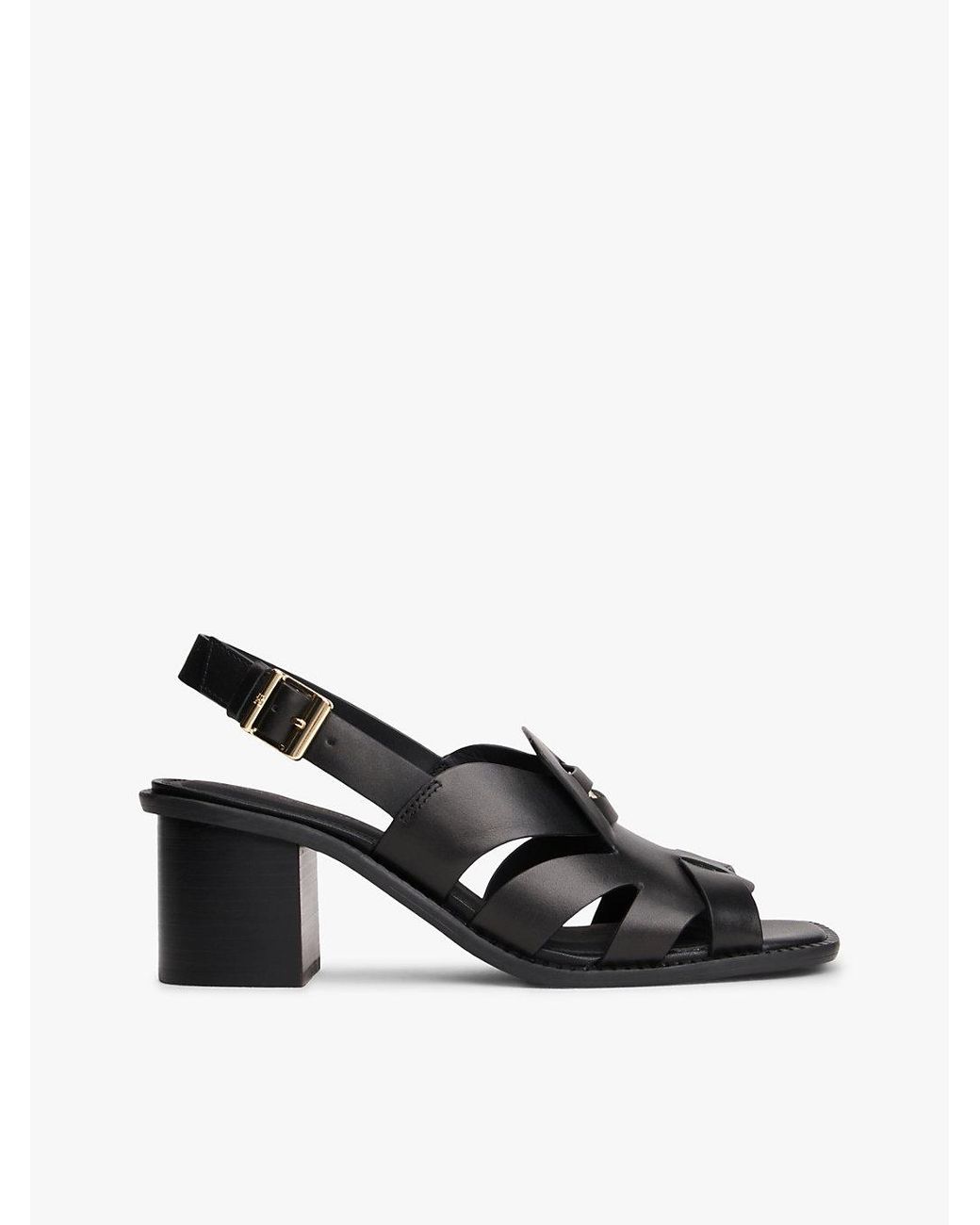 Tommy Hilfiger Black Leather Crest Block Heel Sandals
