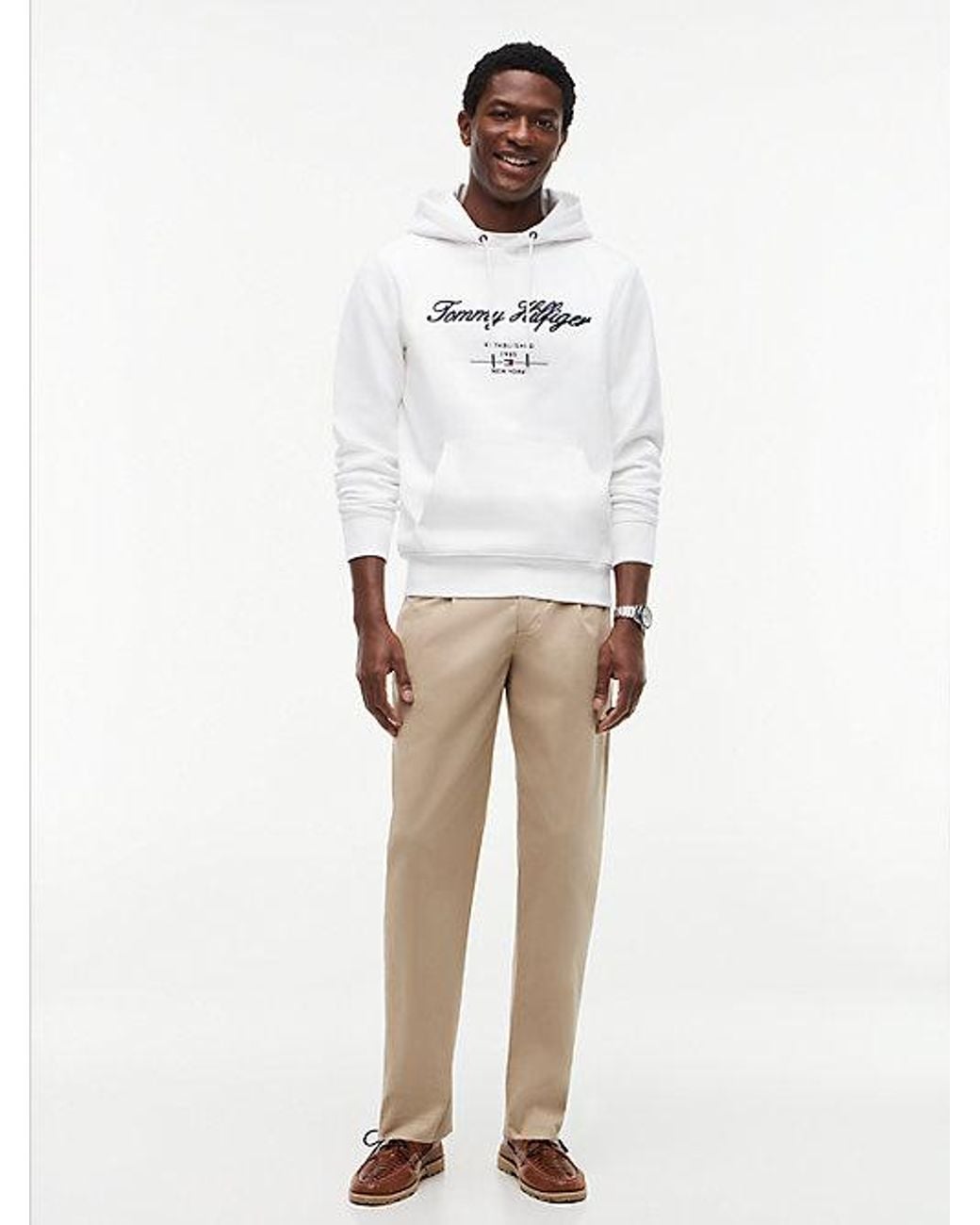 Tommy Hilfiger White Logo Embroidery Fleece Hoody for men