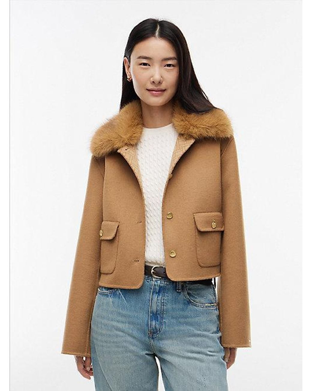 Tommy Hilfiger Blue Faux Fur Collar Wool Blend Jacket