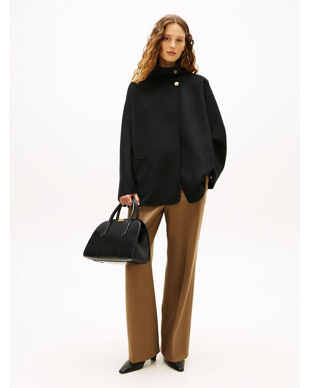 Tommy Hilfiger Black Wool Blend Funnel Neck Oversized Coat