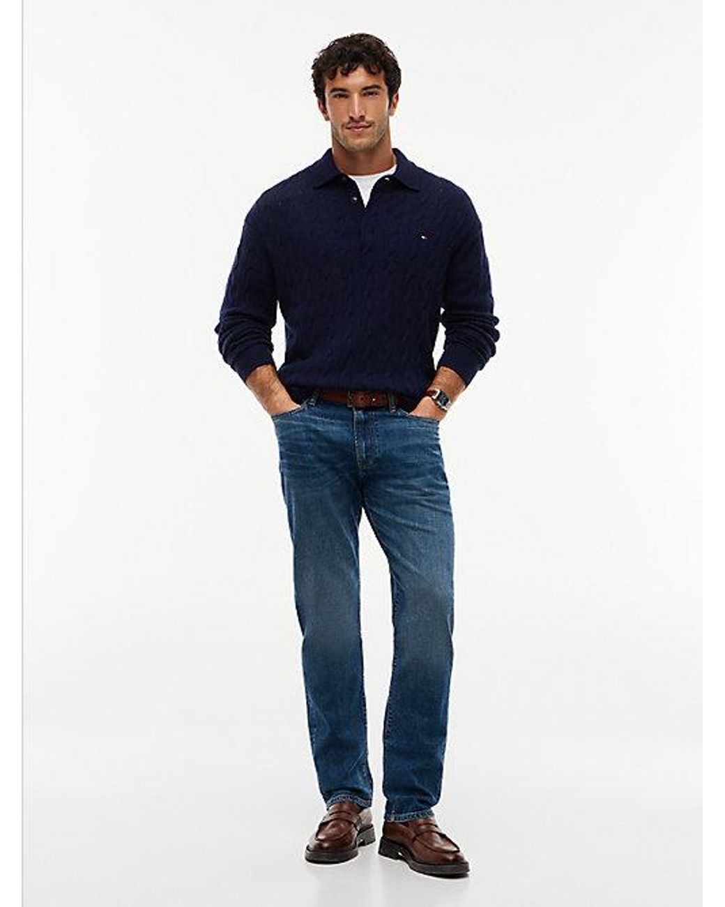 Tommy Hilfiger Blue Pure Wool Cable Knit Rugby Jumper for men