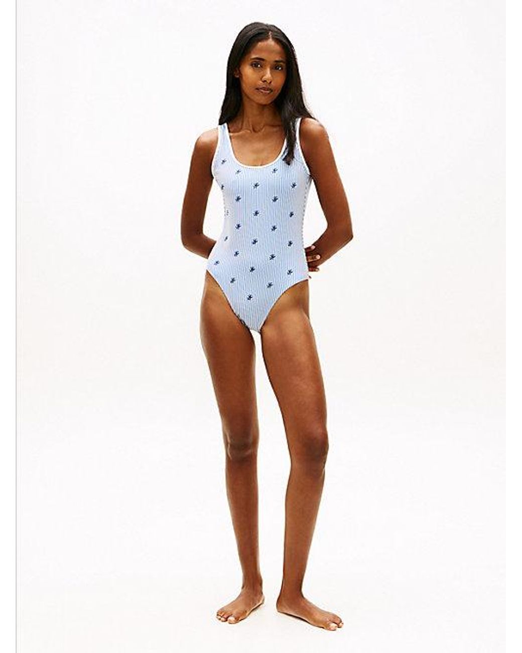 Tommy Hilfiger Blue Logo Embroidery Seersucker Scoop Back Swimsuit