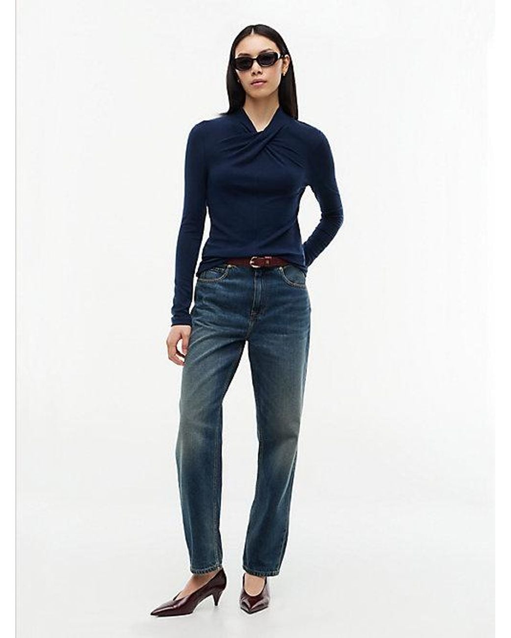 Tommy Hilfiger Blue Drape Twist Neck Top With Wool