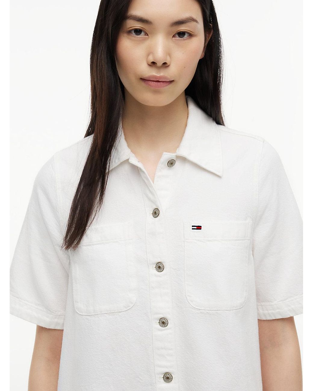 Tommy Hilfiger White Textured Twill A-Line Mini Shirt Dress