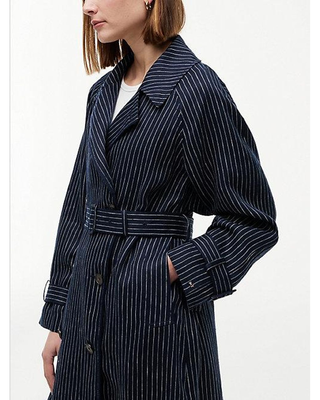 Tommy Hilfiger Blue Pinstripe Trench Coat With Linen