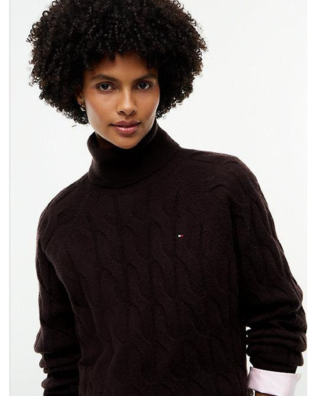 Tommy Hilfiger Black Chocolate Pure Wool Cable Roll Neck Jumper