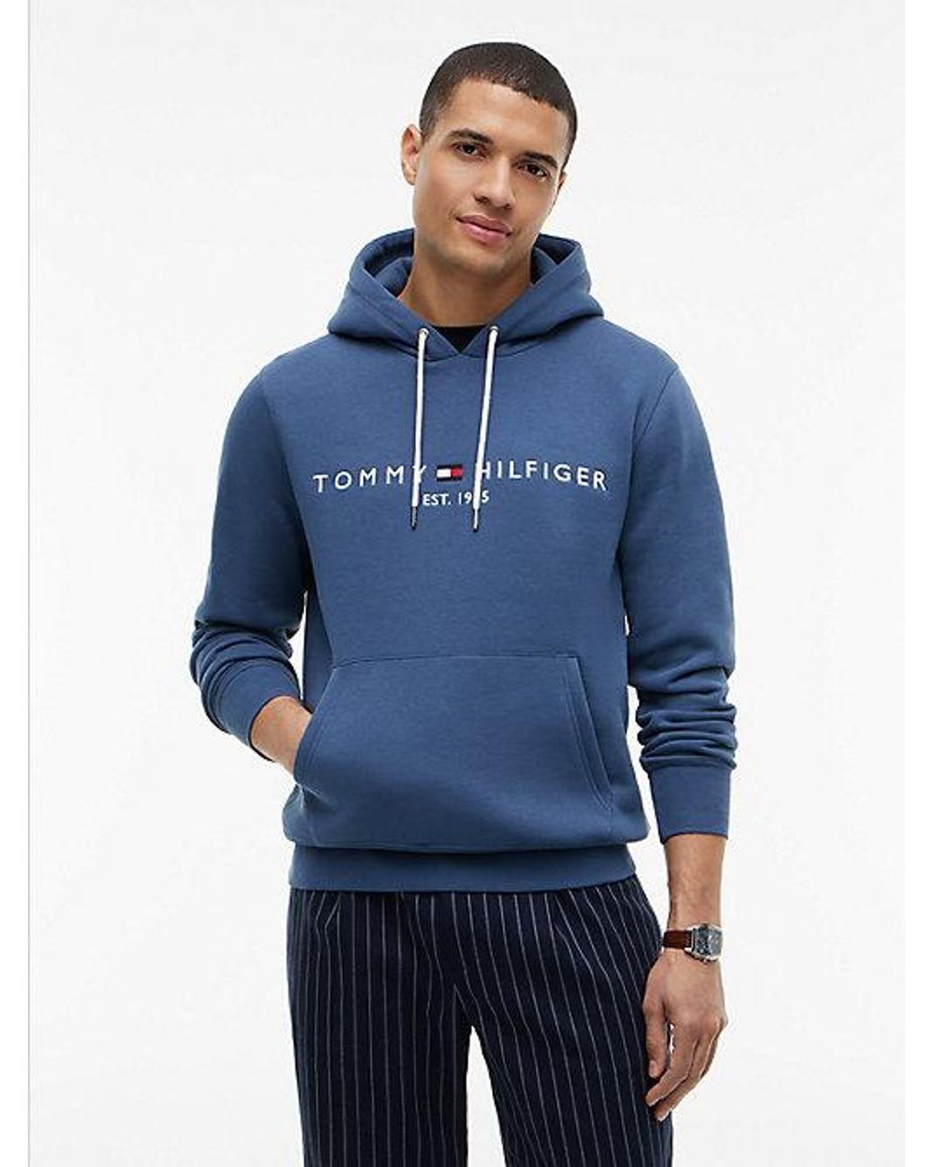 Tommy Hilfiger Blue Logo Embroidery Fleece Drawstring Hoody for men