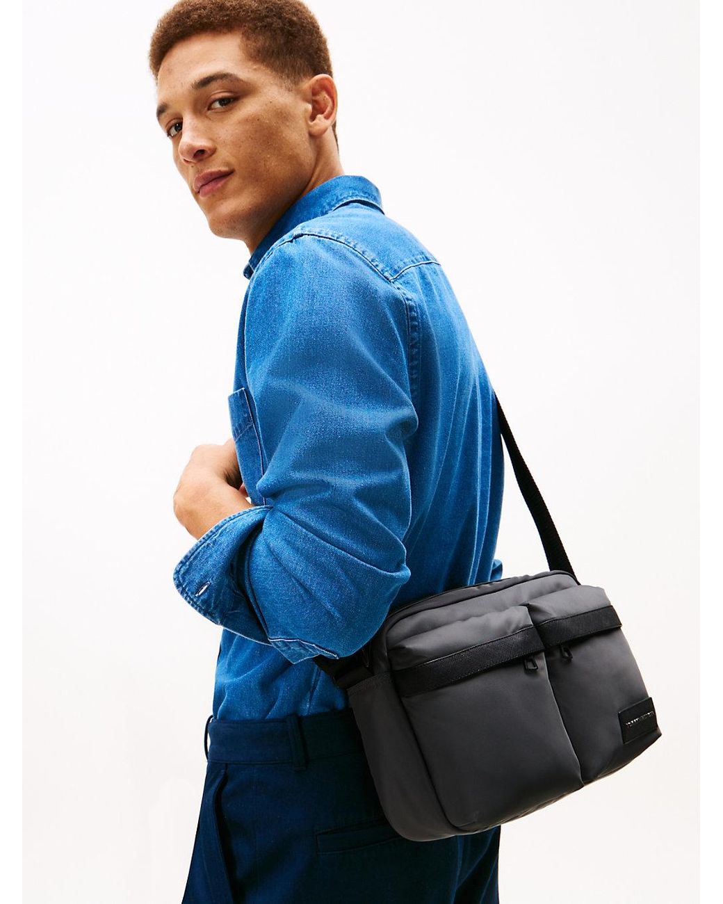 Tommy Hilfiger Black Textile Logo Patch Crossbody Reporter Bag for men