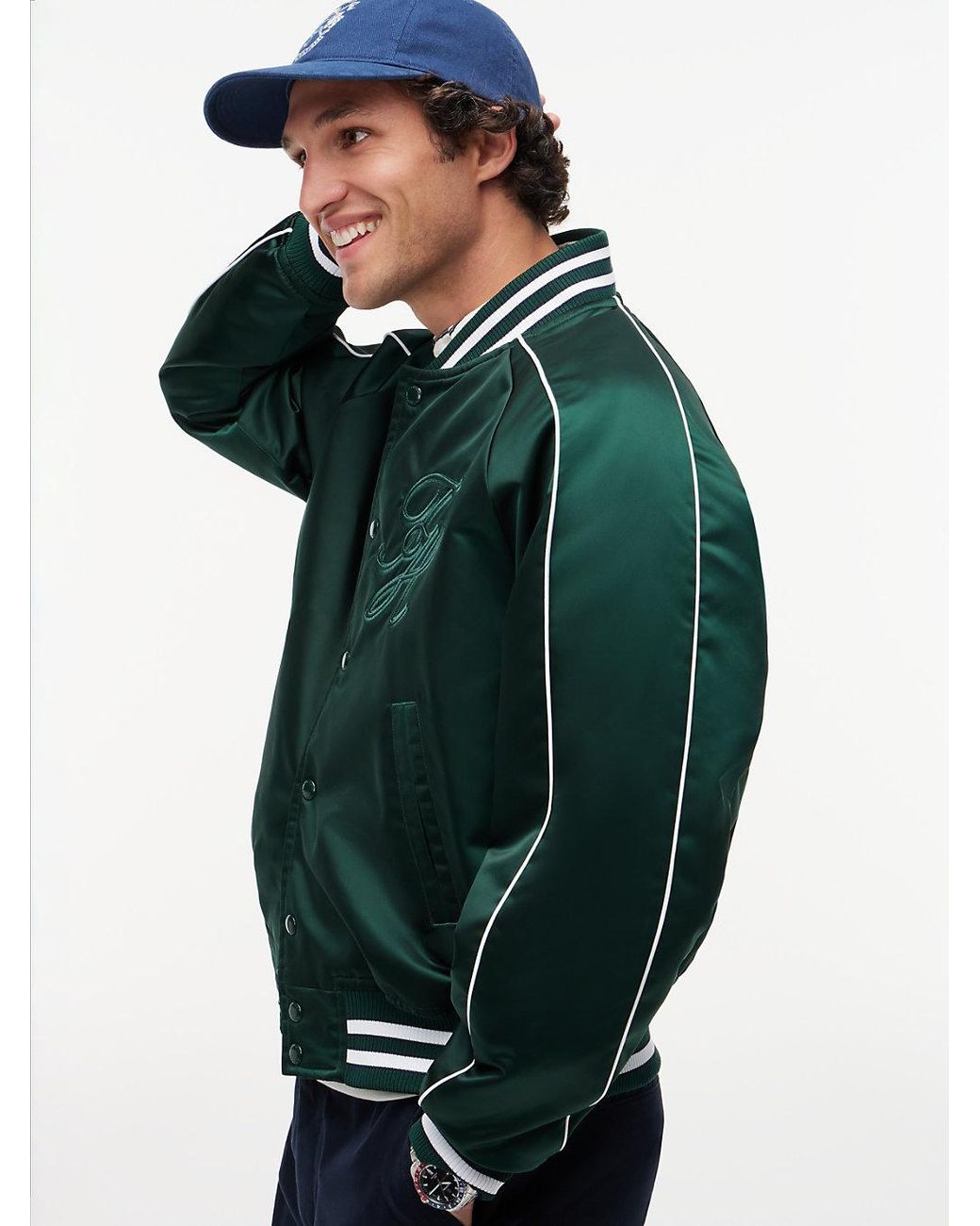 Tommy Hilfiger Green Logo Embroidery Relaxed Varsity Jacket for men