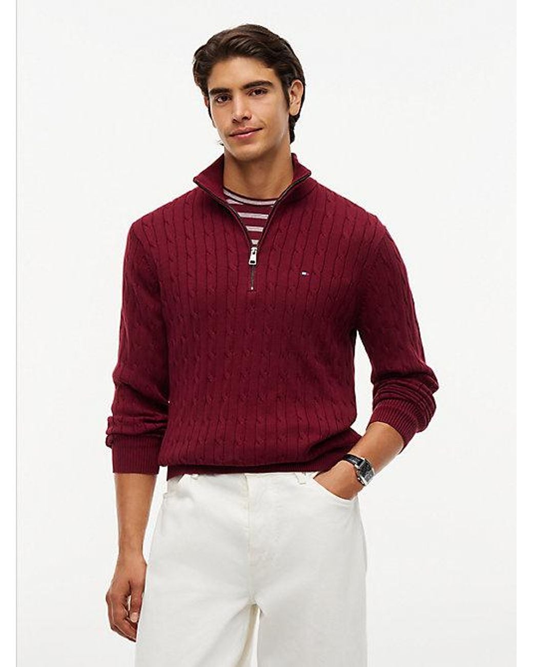 Tommy Hilfiger Red Cable Knit Quarter Zip Jumper for men