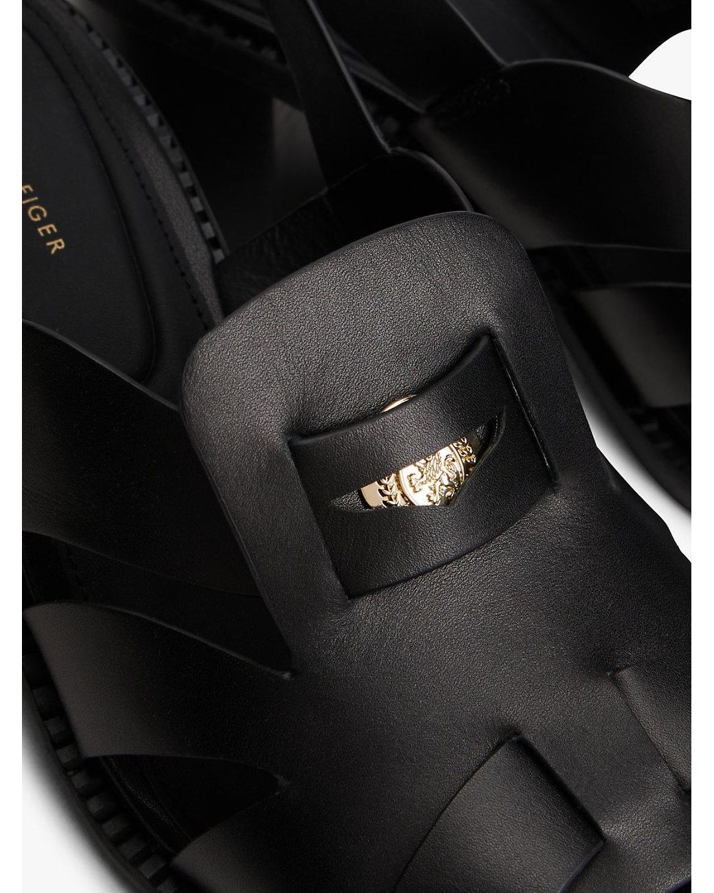 Tommy Hilfiger Black Leather Crest Block Heel Sandals