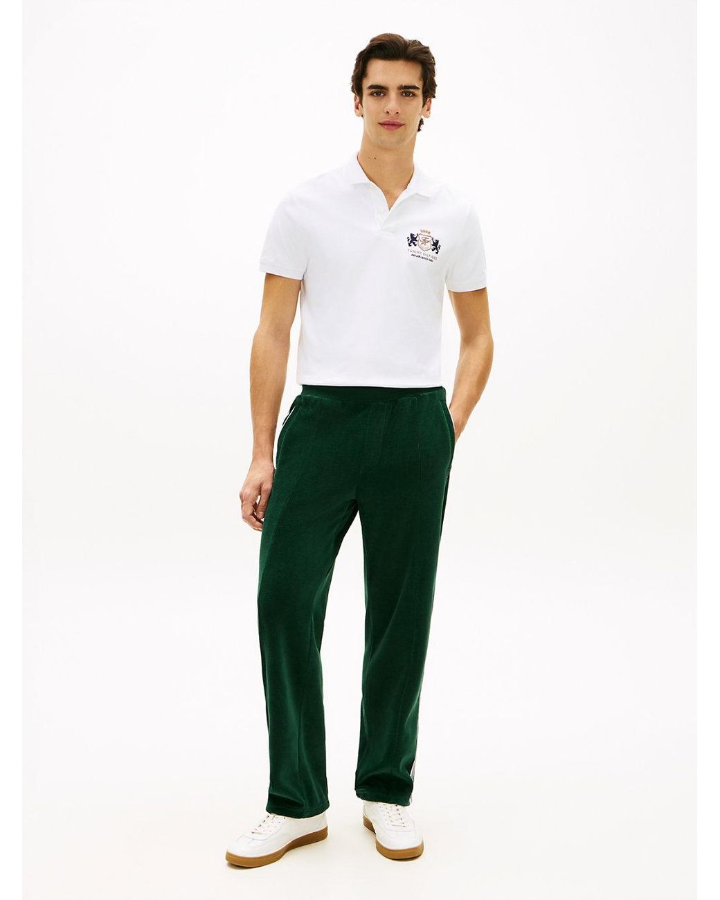 Tommy Hilfiger Green Crest Embroidery Velour Joggers for men