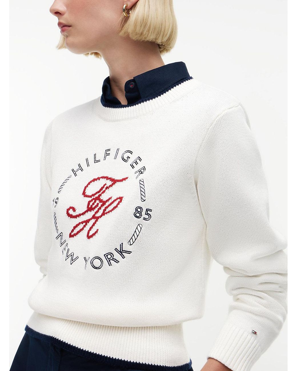 Tommy Hilfiger White Logo Embroidery Relaxed Crew Neck Jumper