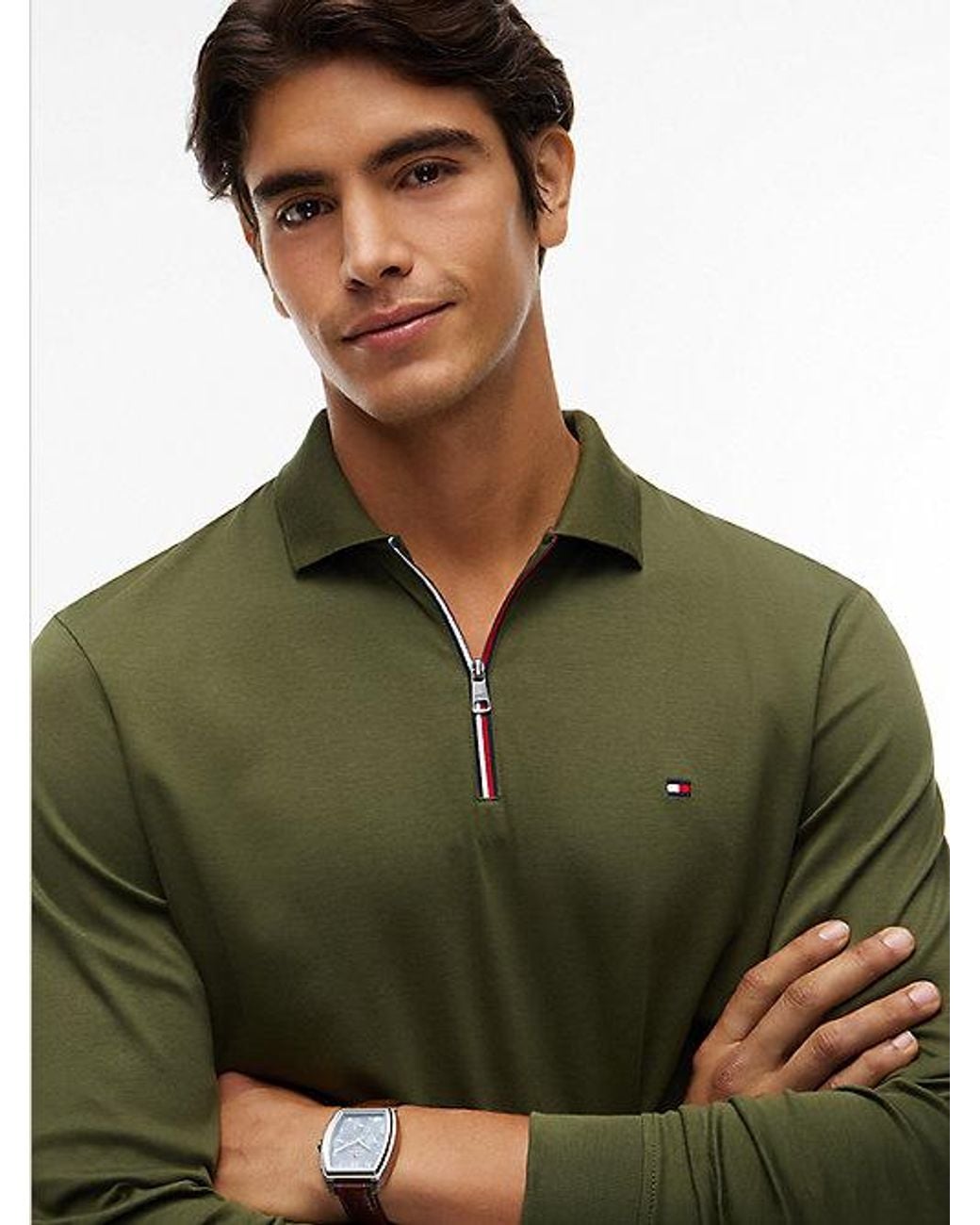 Tommy Hilfiger Green Fluid Cotton Long Sleeve Polo Shirt for men