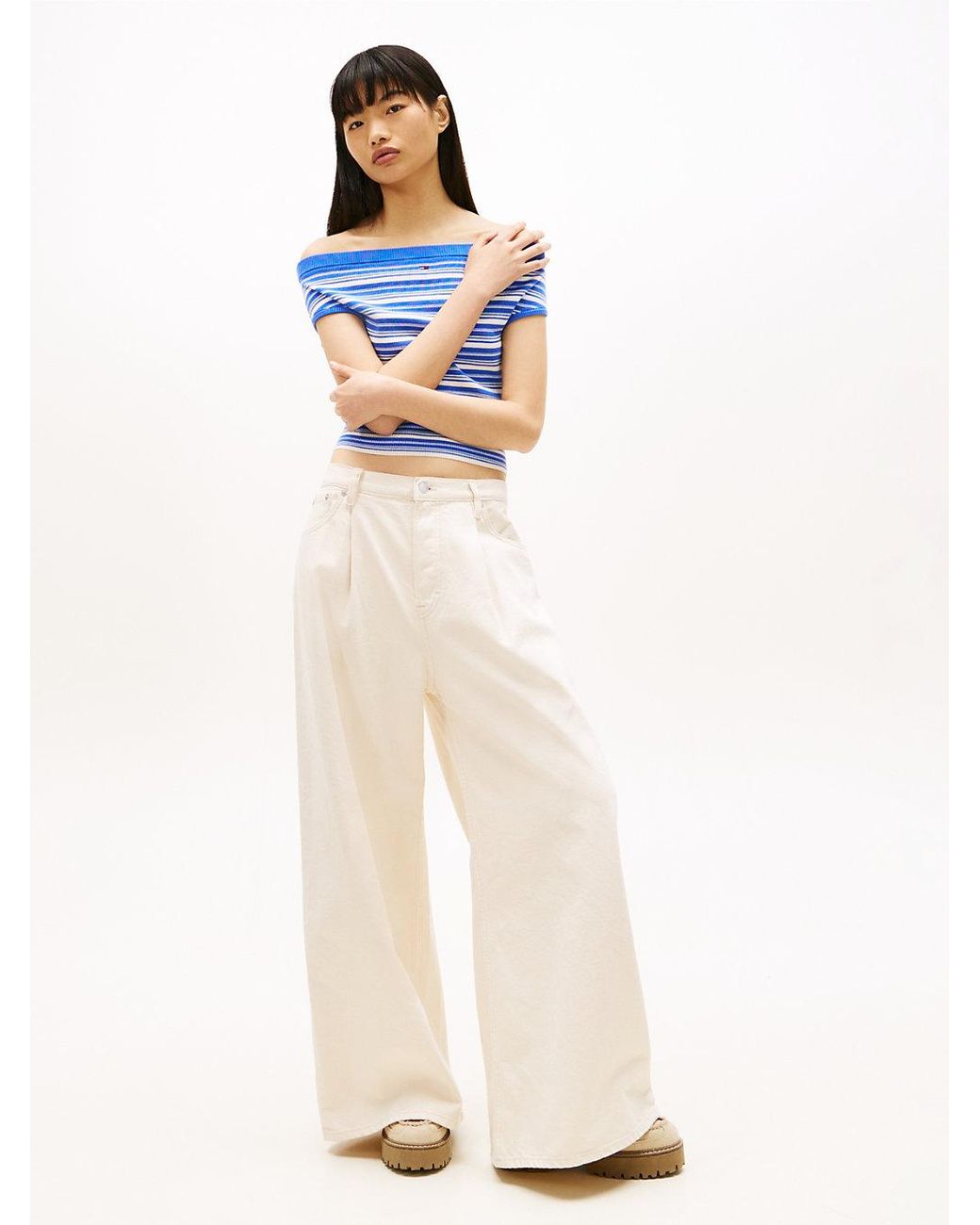 Tommy Hilfiger Blue Stripe Off-the-shoulder Slim Jumper