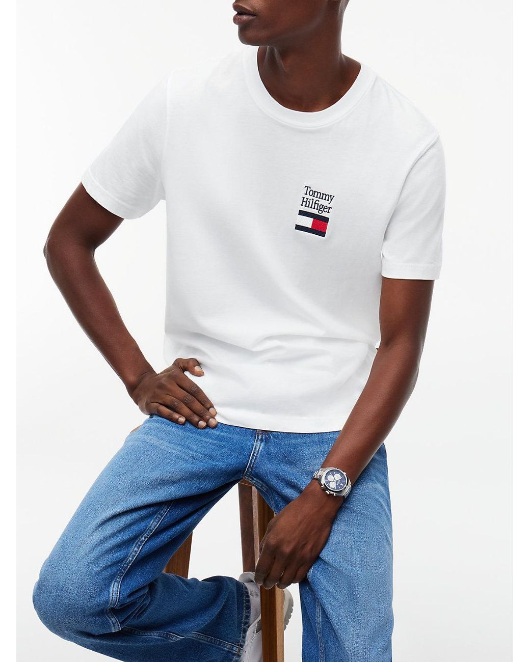Tommy Hilfiger White Logo Embroidery Jersey Crew Neck T-Shirt for men