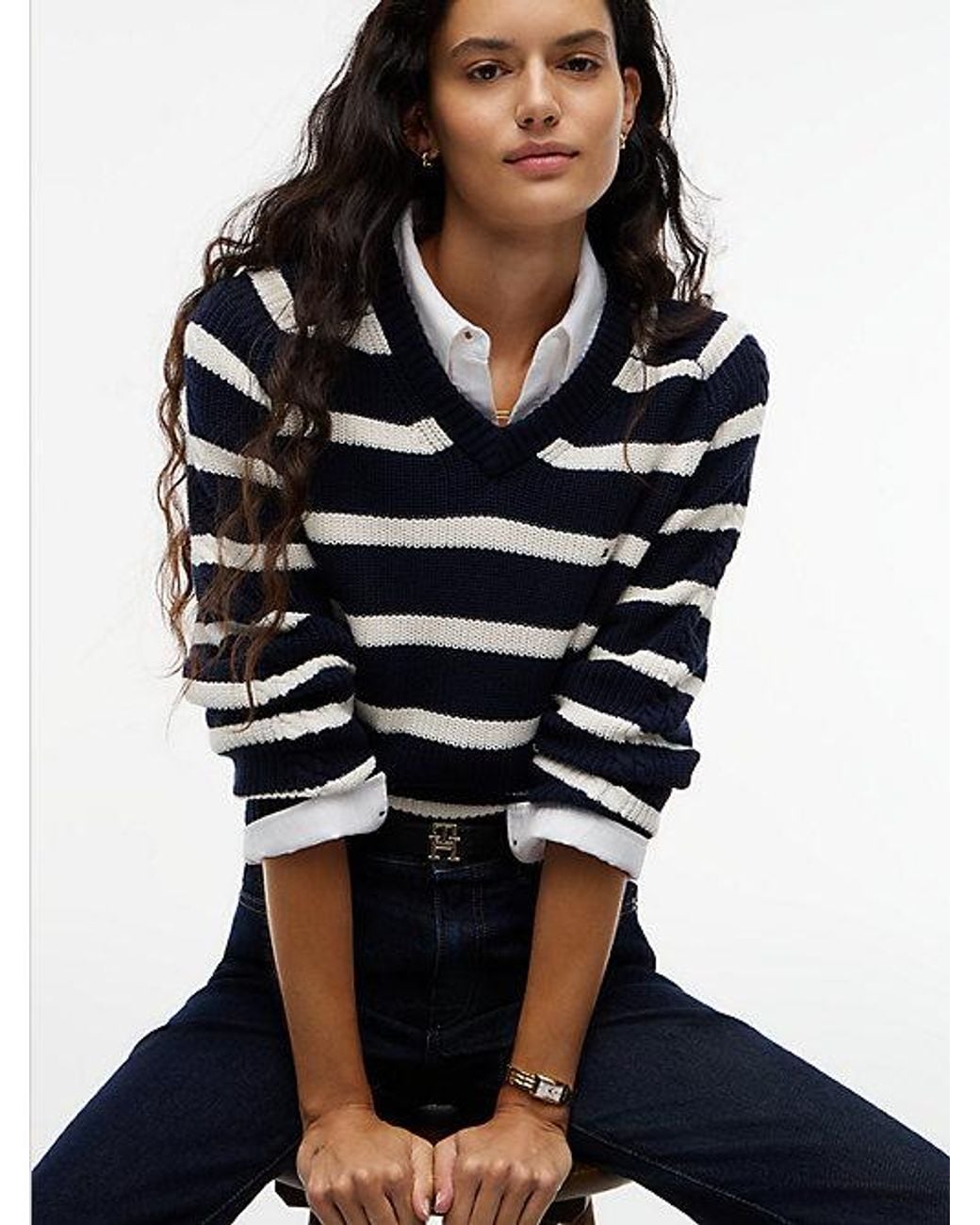Tommy Hilfiger Blue Cardigan Stitch Relaxed V Neck Jumper