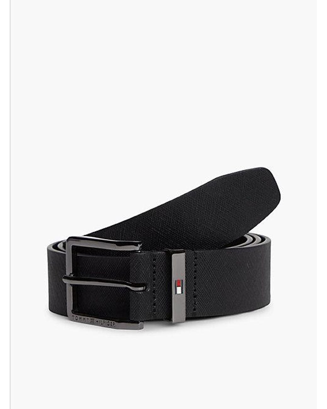 Tommy Hilfiger Black Leather Logo Square Buckle Textured Belt for men