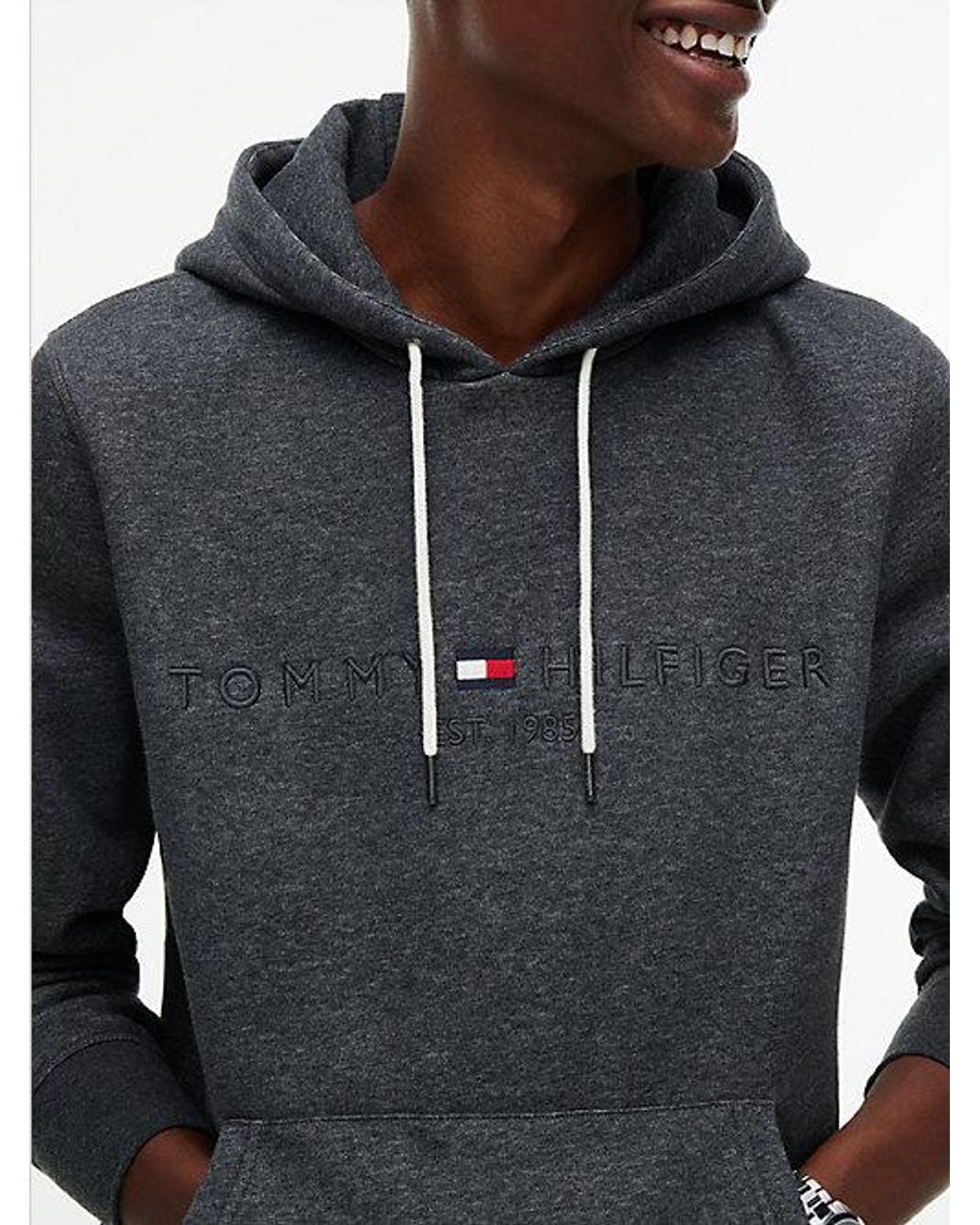 Tommy Hilfiger Blue Logo Embroidery Fleece Drawstring Hoody for men