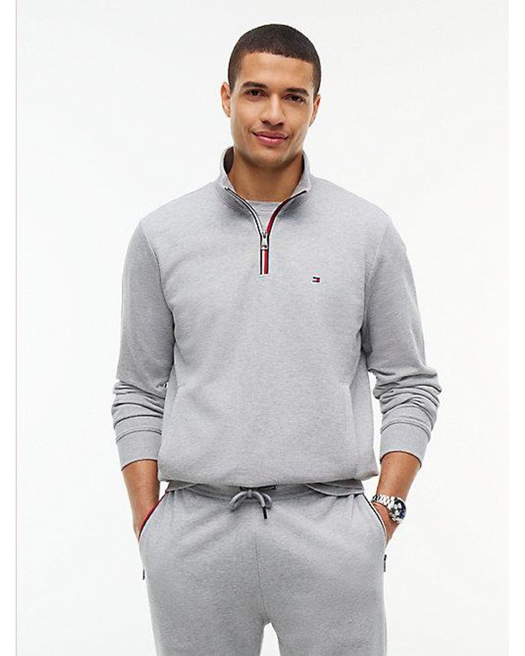 Tommy Hilfiger Gray Global Stripe Terry Quarter Zip Sweatshirt for men