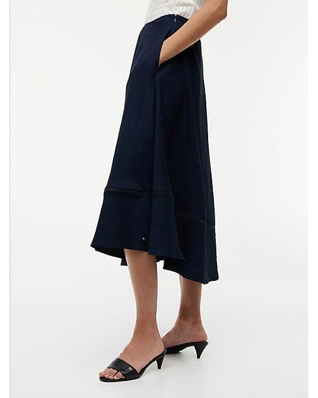 Tommy Hilfiger Blue Logo Flare Midi Skirt With Linen