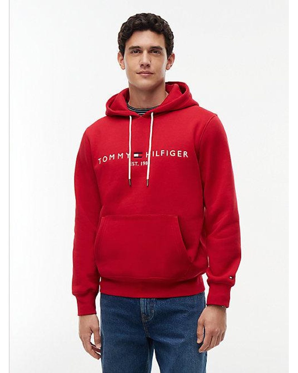 Tommy Hilfiger Red Logo Embroidery Fleece Drawstring Hoody for men