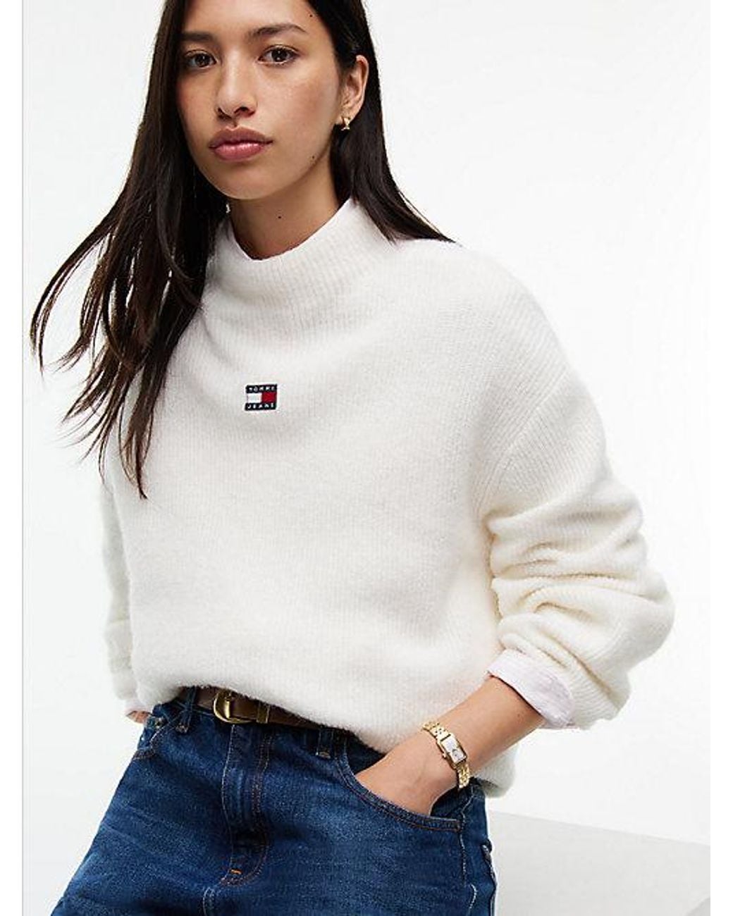 Tommy Hilfiger White Tommy Jeans Tommy Badge Mock Neck Jumper With Alpaca