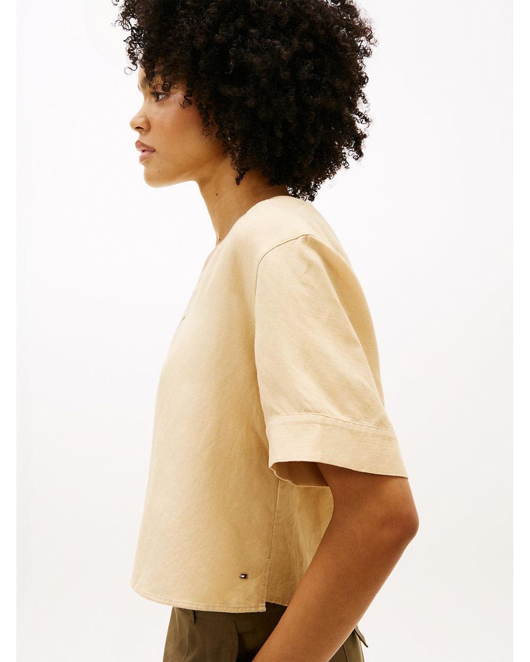Tommy Hilfiger Natural Relaxed Fit Linen Blend Short Sleeve Blouse