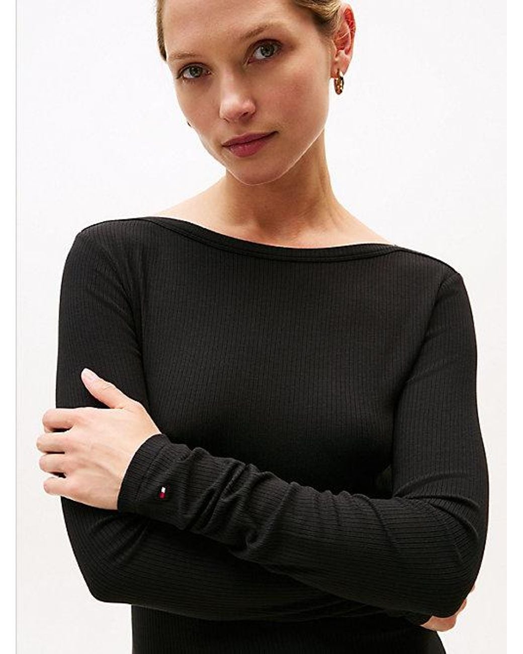Tommy Hilfiger Black Ribbed Midi Fit And Flare Dress