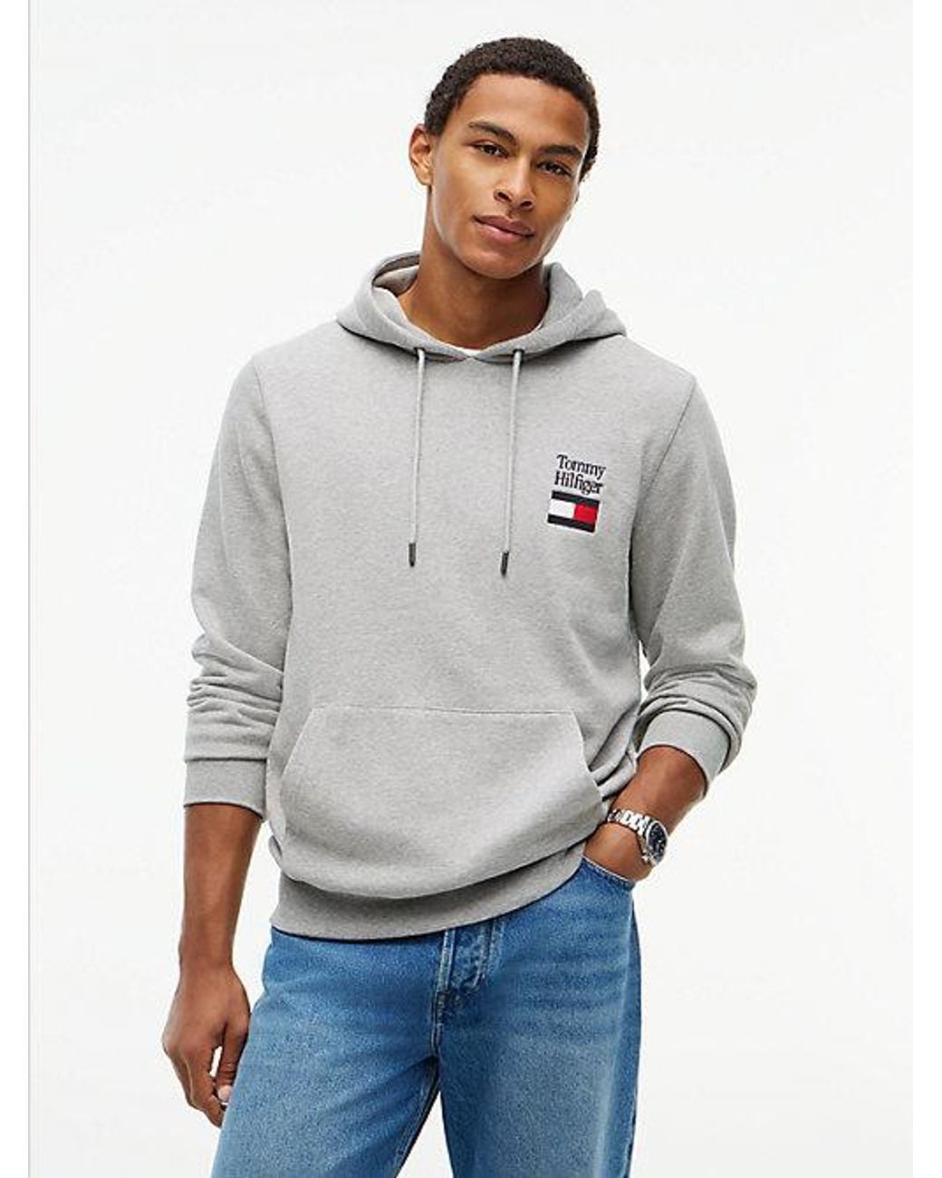 Tommy Hilfiger Gray Stack Logo Terry Drawstring Hoody for men