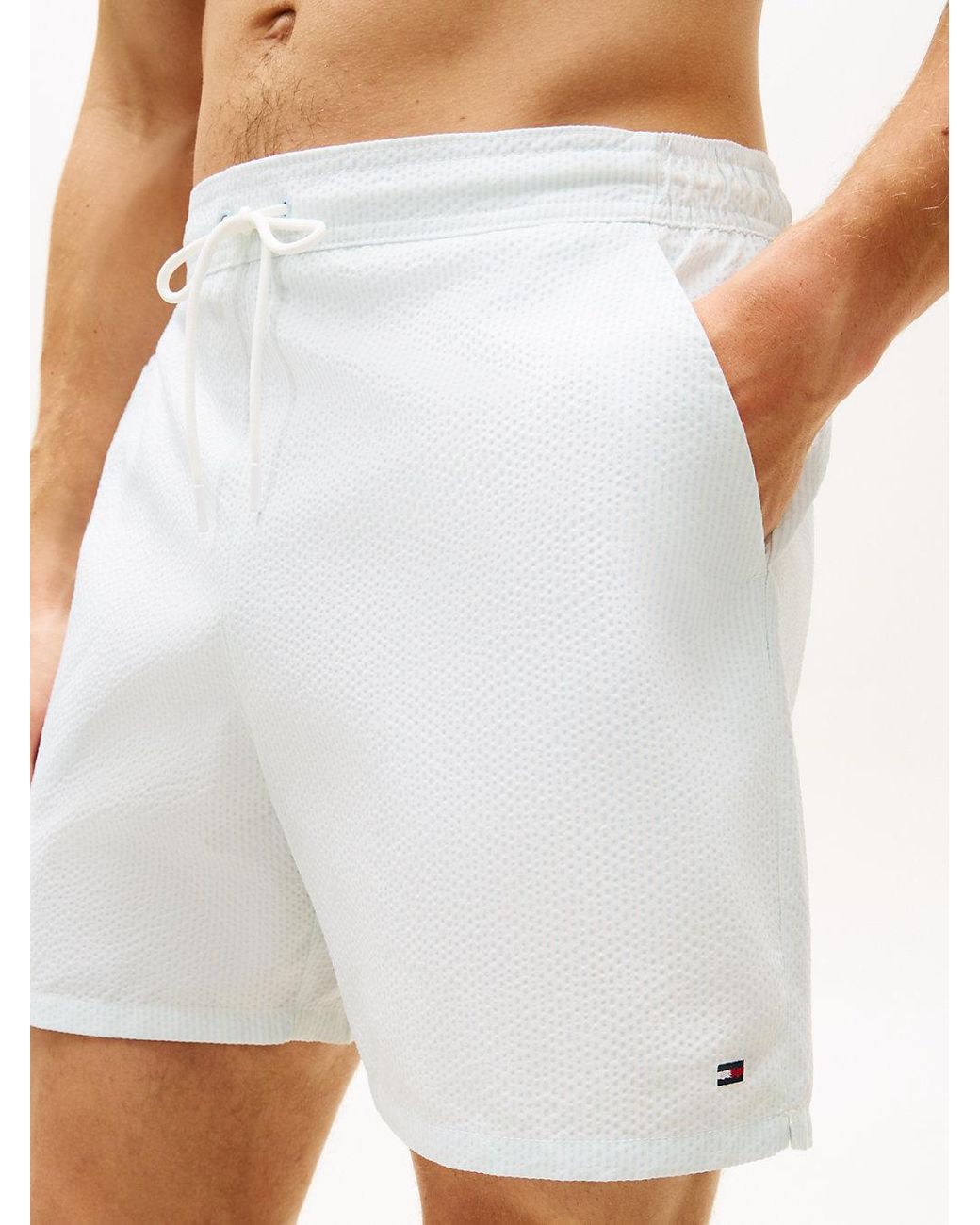 Tommy Hilfiger White Essential Ithaca Stripe Mid Length Swim Shorts for men