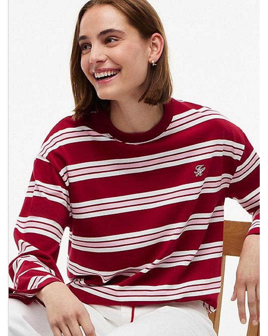 Tommy Hilfiger Red Rugby Stripe Drawstring Long Sleeve T-Shirt