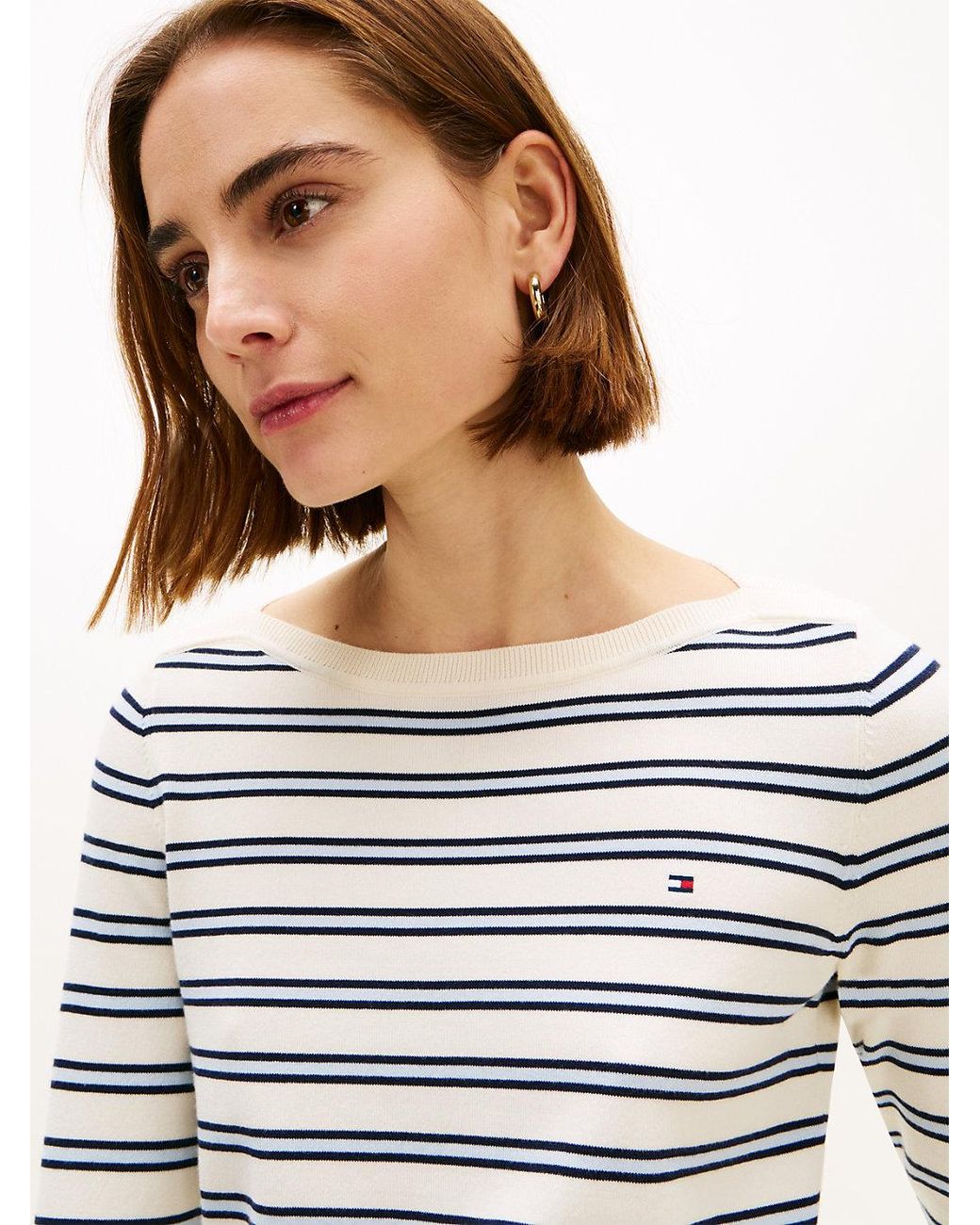 Tommy Hilfiger Blue Gold-tone Button Jersey Boat Neck Jumper
