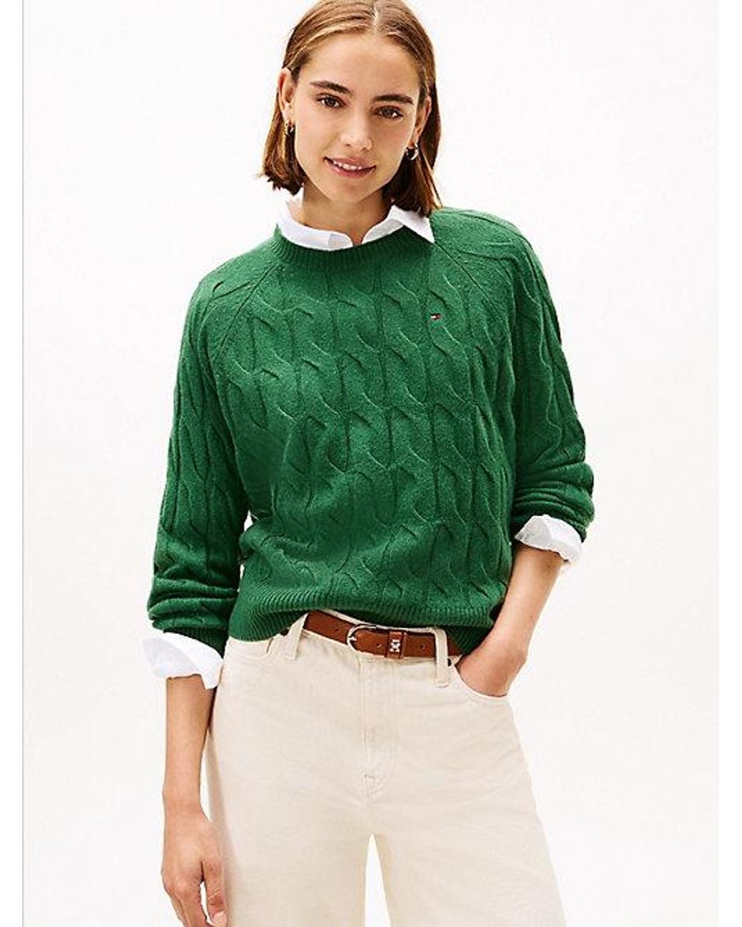 Tommy Hilfiger Green Cable Knit Soft Wool Relaxed Jumper