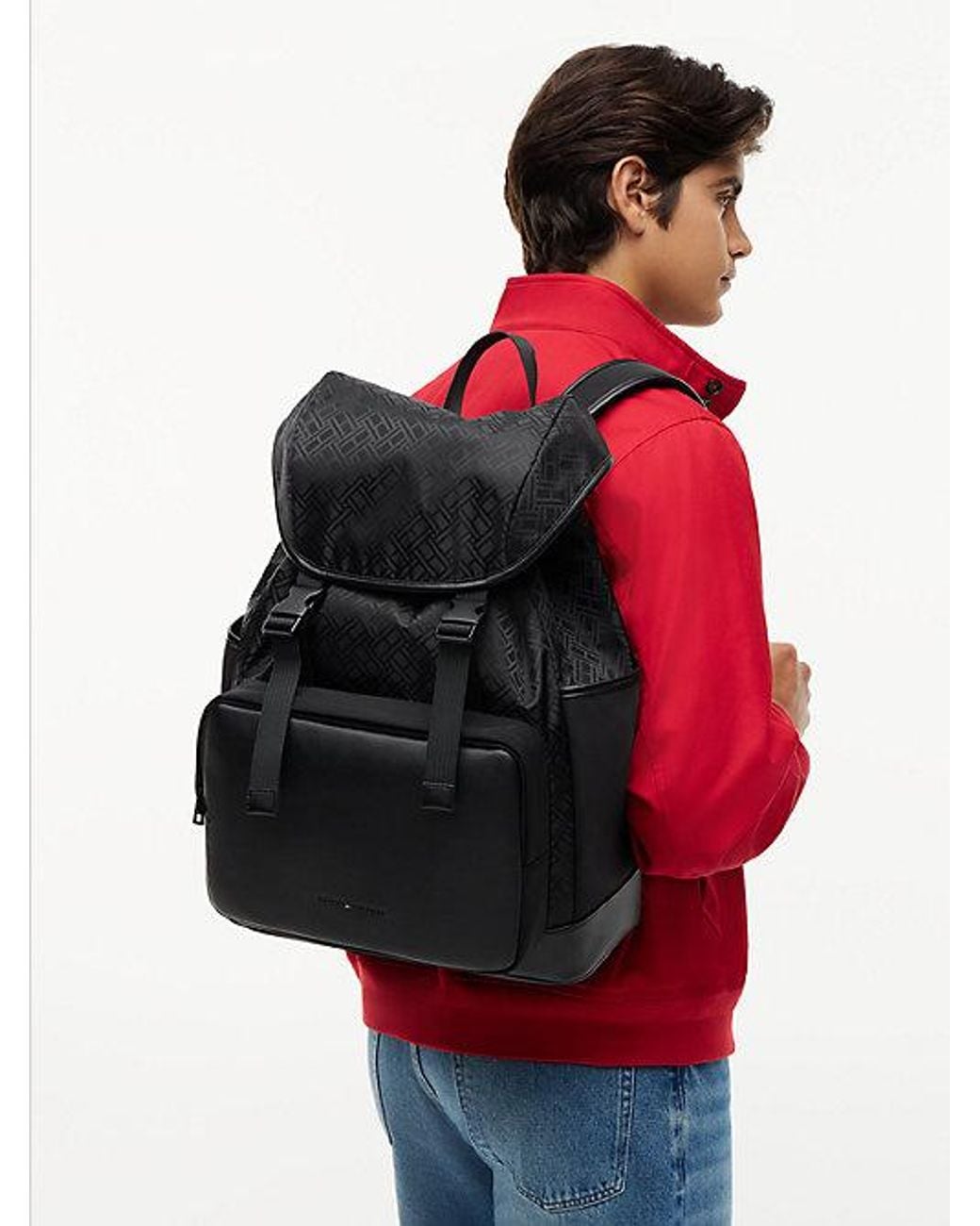 Tommy Hilfiger Black Textile Flag Jacquard Flap Backpack for men