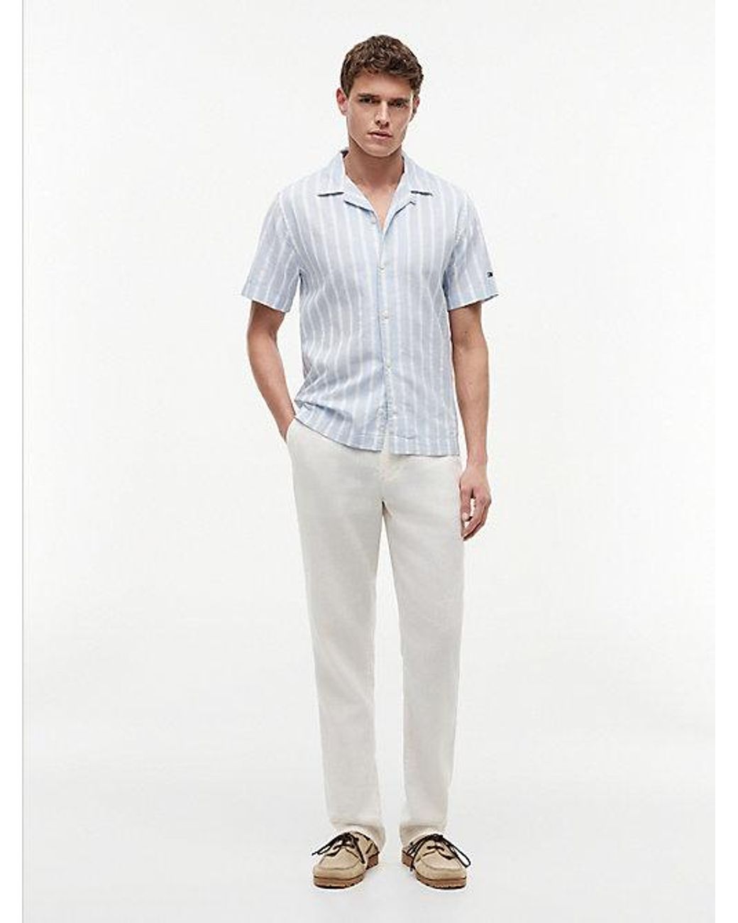 Tommy Hilfiger White Linen Blend Textured Stripe Short Sleeve Shirt for men