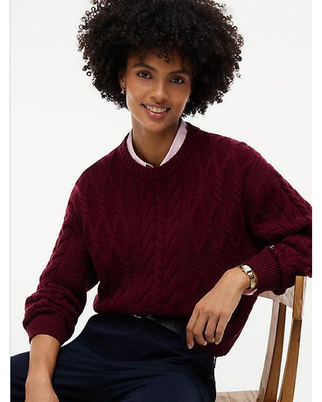 Tommy Hilfiger Red Relaxed Cable Knit Jumper With Silk
