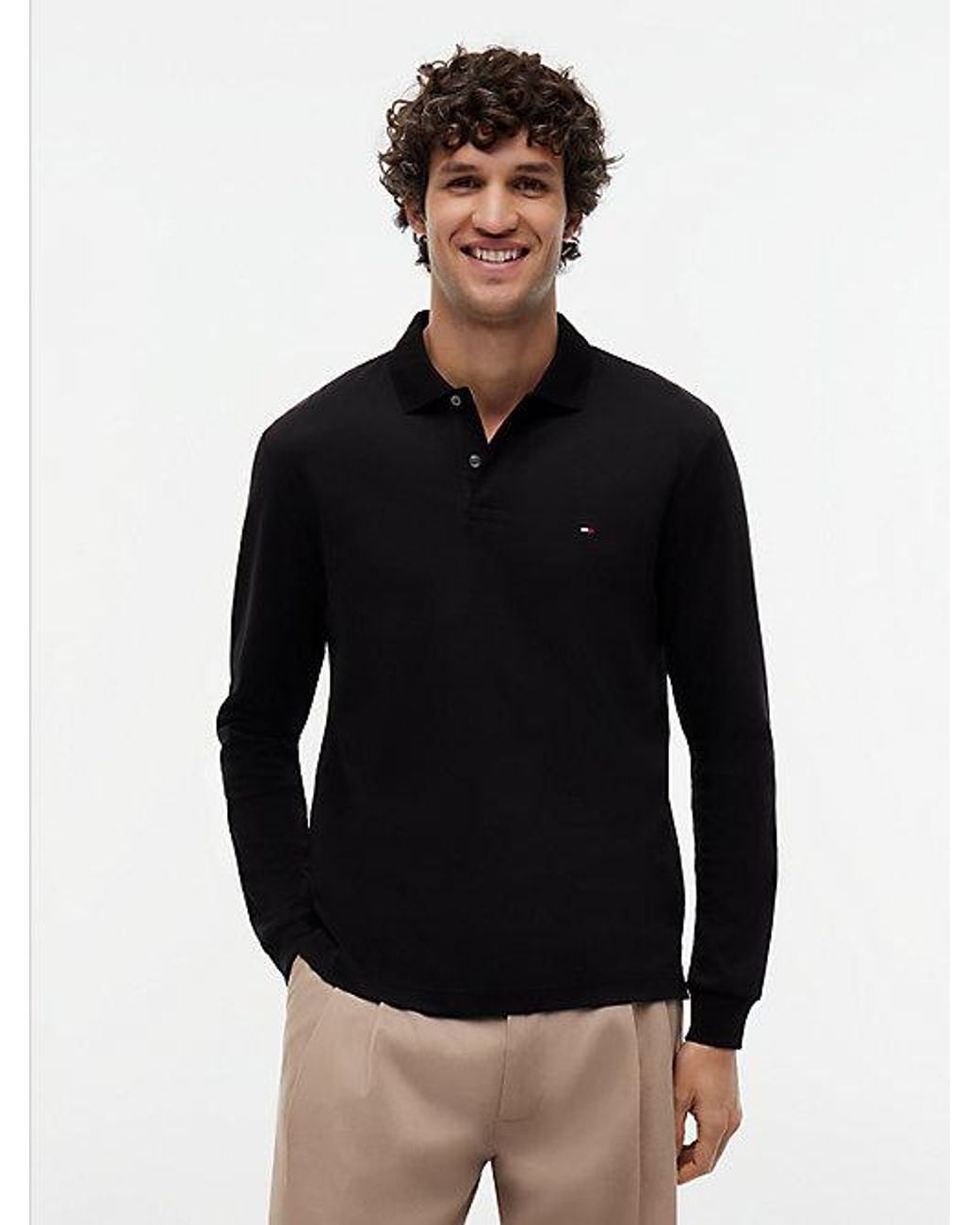 Tommy Hilfiger Black Liquid Cotton Regular Long Sleeve Polo for men