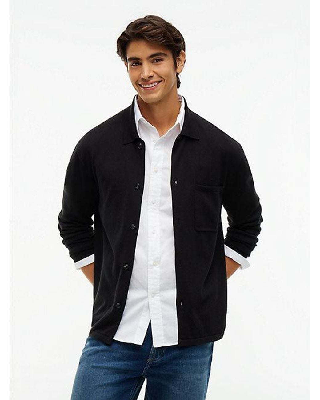 Tommy Hilfiger Black Relaxed Fit Flag Embroidery Knitted Overshirt for men