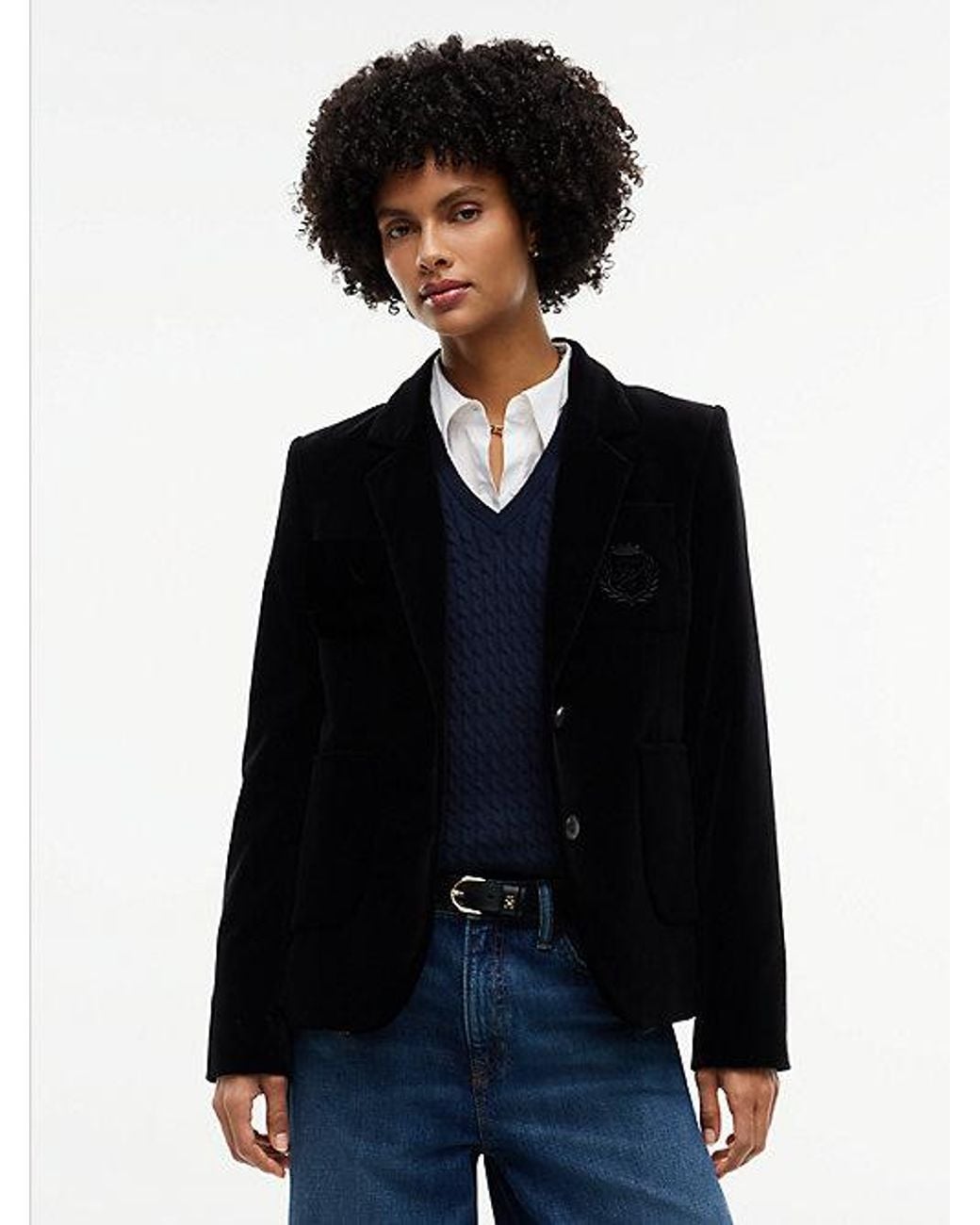 Tommy Hilfiger Blue Regular Fit Crest Tone Button Velvet Blazer