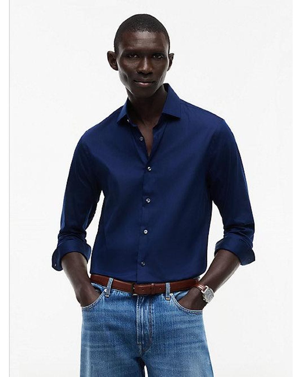 Tommy Hilfiger Blue New York Label Slim Fit Flex Collar Shirt for men