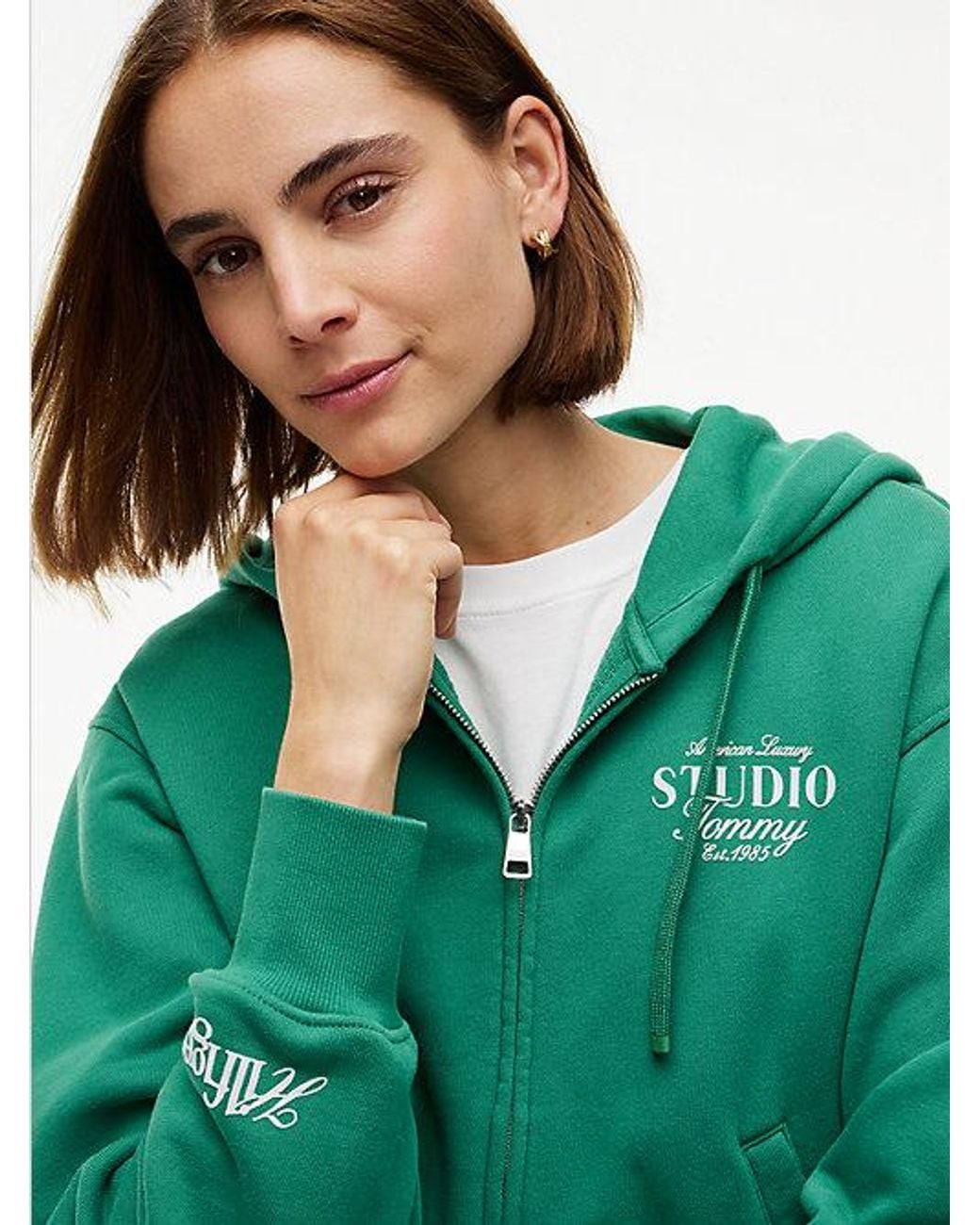 Tommy Hilfiger Green Logo Zip Thru Oversized Hoody