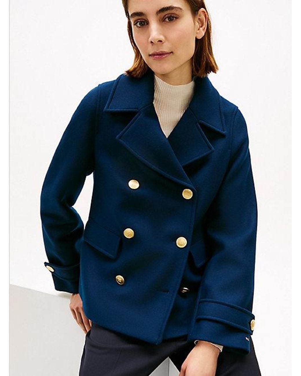 Tommy Hilfiger Blue Wool Blend Double Breasted Peacoat