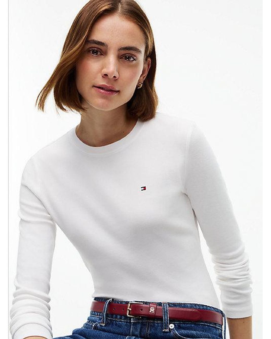 Tommy Hilfiger White Flag Embroidery Slim Long Sleeve T-Shirt