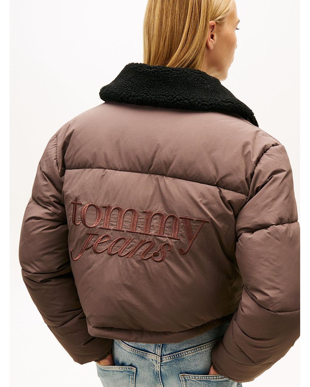 Tommy Hilfiger Red Teddy Collar Crinkle Puffer Jacket