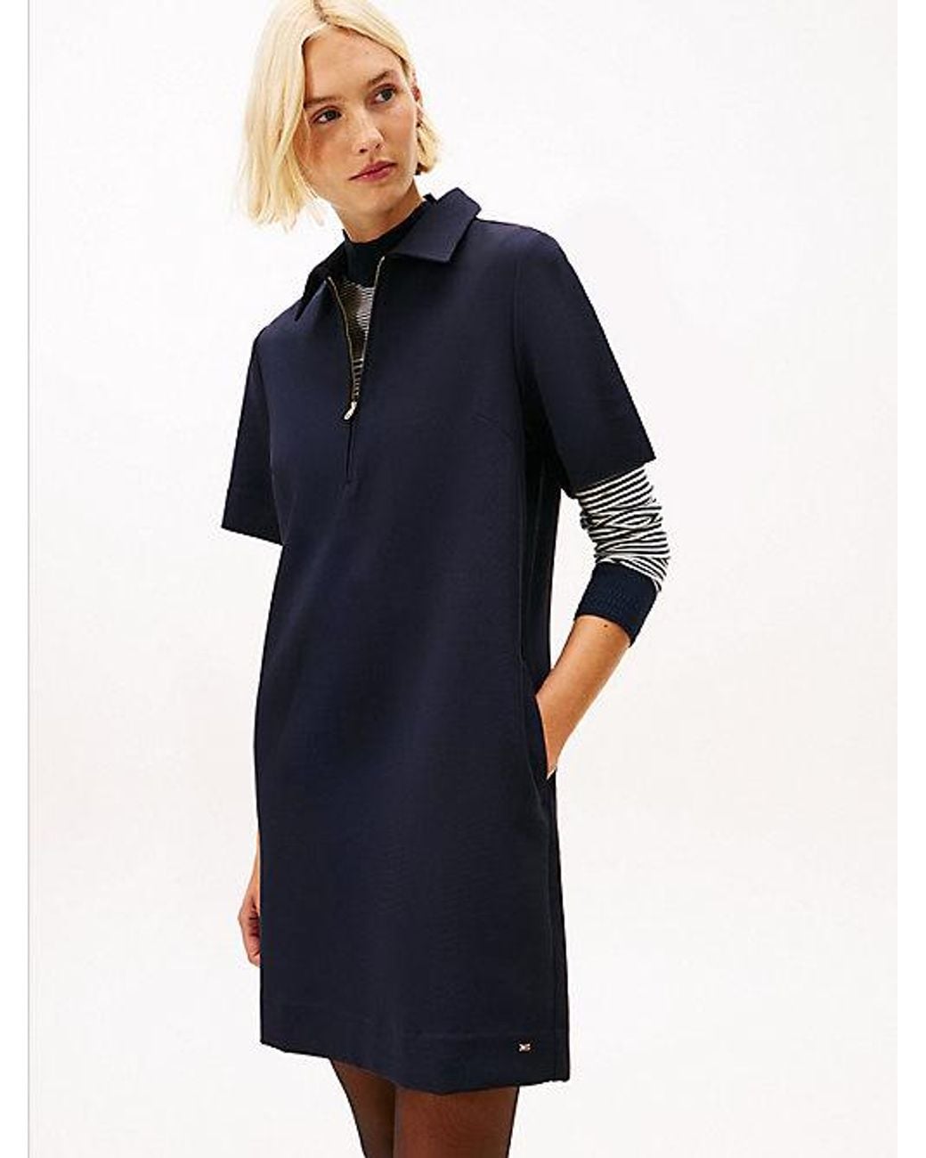 Tommy Hilfiger Blue Quarter-Zip Relaxed Shift Dress
