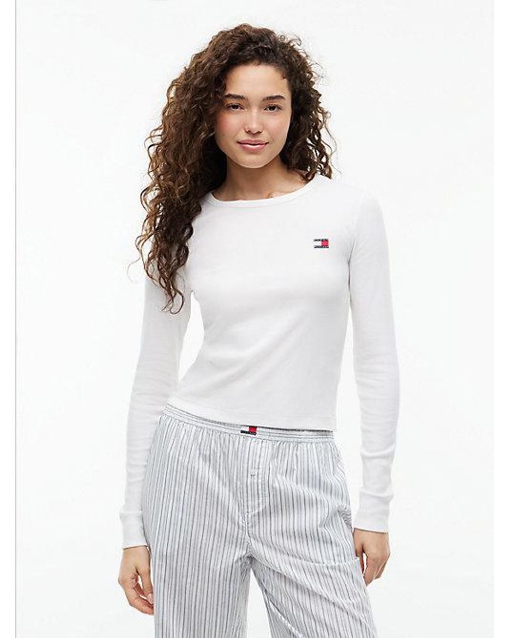Tommy Hilfiger White Heritage Ribbed Long Sleeve Lounge T-Shirt